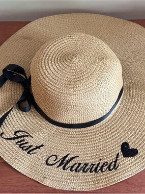 Just Married Straw Floppy Sun Hat Black Embroidery Bridal Honeymoon